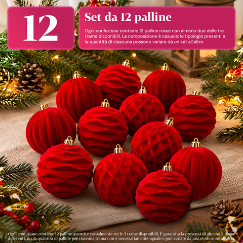12 darabos, 8 cm-es bársonyos karácsonyi gömbdíszkészlet, csomagonként háromféle textúrával, 3 elérhető színben, matt gömbök karácsonyfára és dekorációhoz