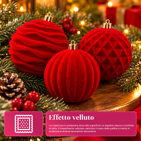 12 darabos, 8 cm-es bársonyos karácsonyi gömbdíszkészlet, csomagonként háromféle textúrával, 3 elérhető színben, matt gömbök karácsonyfára és dekorációhoz