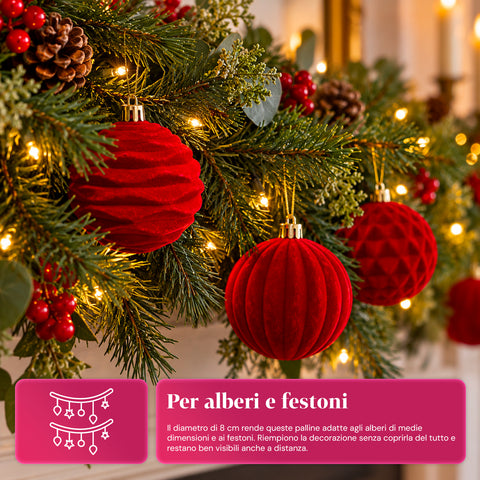 12 darabos, 8 cm-es bársonyos karácsonyi gömbdíszkészlet, csomagonként háromféle textúrával, 3 elérhető színben, matt gömbök karácsonyfára és dekorációhoz