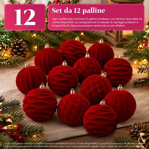12 darabos, 8 cm-es bársonyos karácsonyi gömbdíszkészlet, csomagonként háromféle textúrával, 3 elérhető színben, matt gömbök karácsonyfára és dekorációhoz