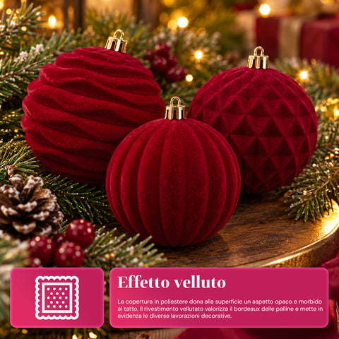 12 darabos, 8 cm-es bársonyos karácsonyi gömbdíszkészlet, csomagonként háromféle textúrával, 3 elérhető színben, matt gömbök karácsonyfára és dekorációhoz
