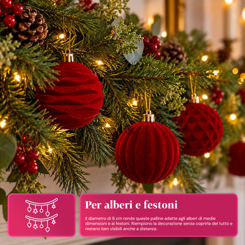 12 darabos, 8 cm-es bársonyos karácsonyi gömbdíszkészlet, csomagonként háromféle textúrával, 3 elérhető színben, matt gömbök karácsonyfára és dekorációhoz