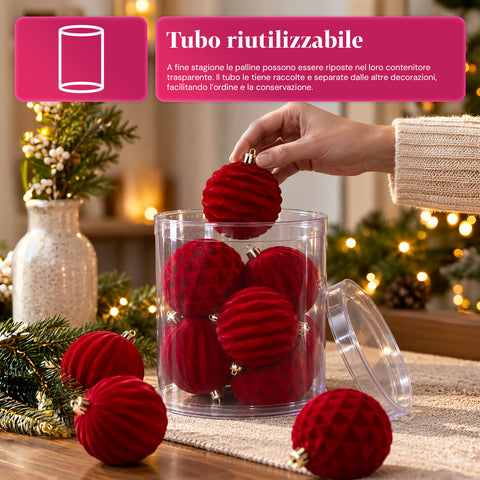 12 darabos, 8 cm-es bársonyos karácsonyi gömbdíszkészlet, csomagonként háromféle textúrával, 3 elérhető színben, matt gömbök karácsonyfára és dekorációhoz
