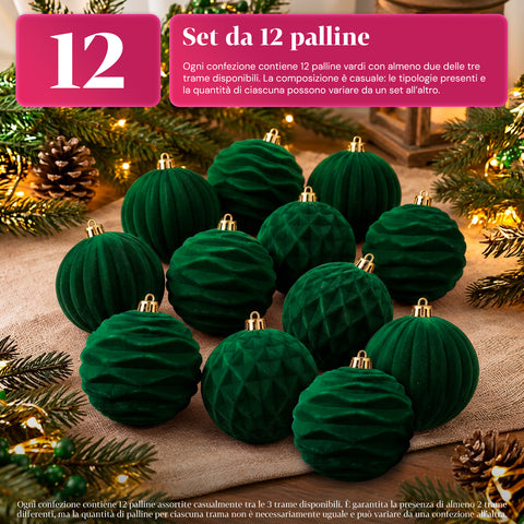 12 darabos, 8 cm-es bársonyos karácsonyi gömbdíszkészlet, csomagonként háromféle textúrával, 3 elérhető színben, matt gömbök karácsonyfára és dekorációhoz