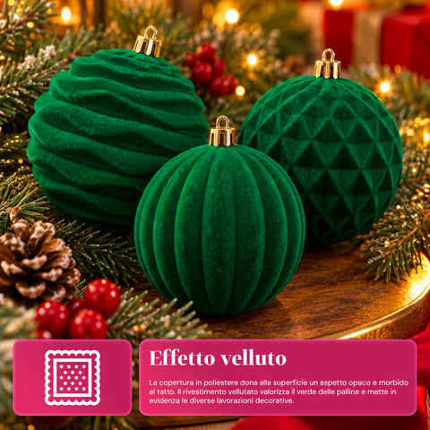 12 darabos, 8 cm-es bársonyos karácsonyi gömbdíszkészlet, csomagonként háromféle textúrával, 3 elérhető színben, matt gömbök karácsonyfára és dekorációhoz