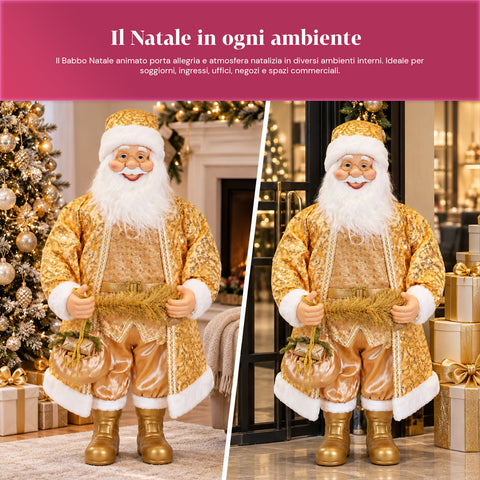 Babbo Natale Danzante 130 cm con Musica, Statua Natalizia Oro che Danza Ride e Canta, Più Modalità e Brani, Base da Riempire, Alimentatore Incluso