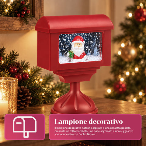 Lampione decorativo natalizio a cassetta postale con effetto neve, luci LED e musica, 2 varianti Babbo Natale o Orsetto, altezza 41 cm, a batterie