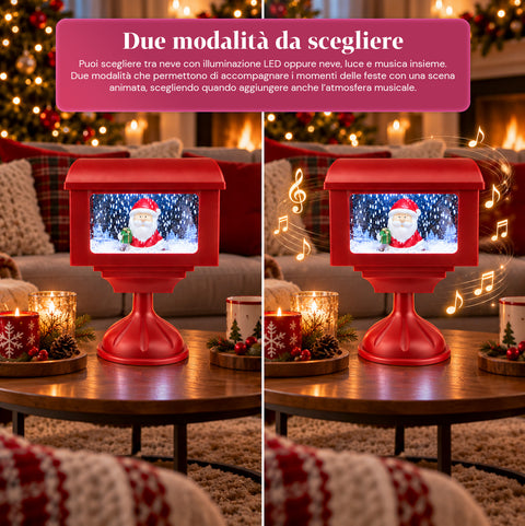 Lampione decorativo natalizio a cassetta postale con effetto neve, luci LED e musica, 2 varianti Babbo Natale o Orsetto, altezza 41 cm, a batterie