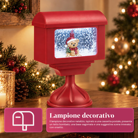 Lampione decorativo natalizio a cassetta postale con effetto neve, luci LED e musica, 2 varianti Babbo Natale o Orsetto, altezza 41 cm, a batterie