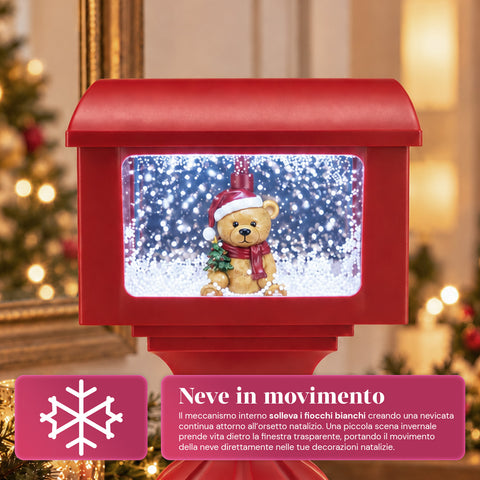 Lampione decorativo natalizio a cassetta postale con effetto neve, luci LED e musica, 2 varianti Babbo Natale o Orsetto, altezza 41 cm, a batterie
