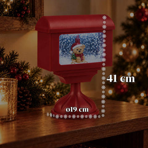 Lampione decorativo natalizio a cassetta postale con effetto neve, luci LED e musica, 2 varianti Babbo Natale o Orsetto, altezza 41 cm, a batterie
