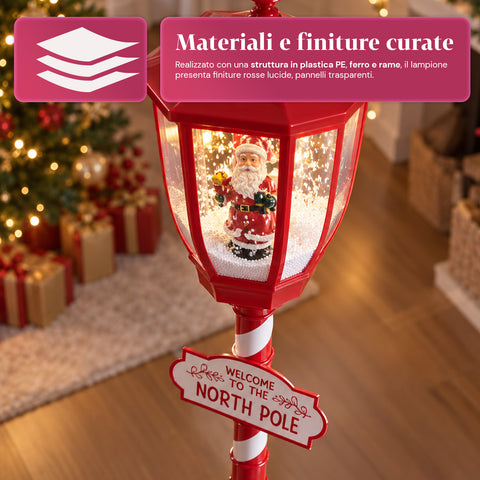 Lampione Natalizio Rosso 180 cm con Neve, Luce LED e Musica, 2 Varianti Babbo Natale o Orsetto, Effetto Palla di Vetro, Addobbo di Natale da Terra
