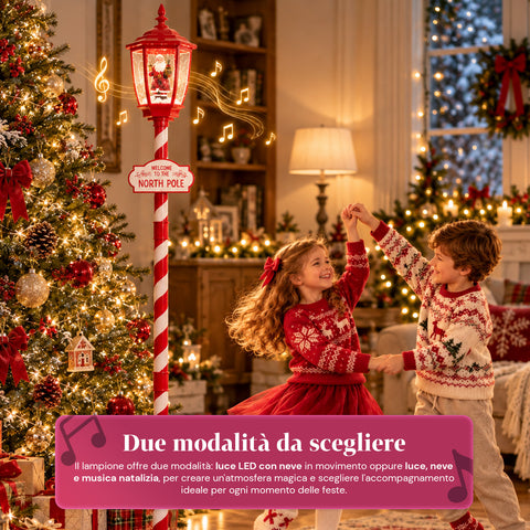 Lampione Natalizio Rosso 180 cm con Neve, Luce LED e Musica, 2 Varianti Babbo Natale o Orsetto, Effetto Palla di Vetro, Addobbo di Natale da Terra