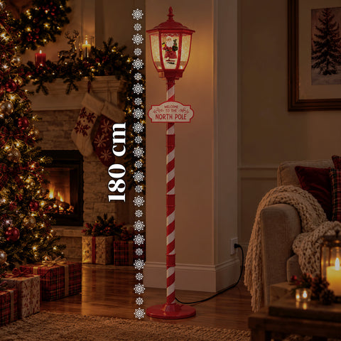 Lampione Natalizio Rosso 180 cm con Neve, Luce LED e Musica, 2 Varianti Babbo Natale o Orsetto, Effetto Palla di Vetro, Addobbo di Natale da Terra