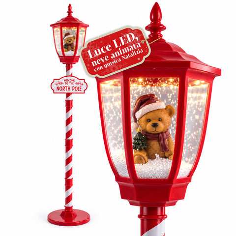 Lampione Natalizio Rosso 180 cm con Neve, Luce LED e Musica, 2 Varianti Babbo Natale o Orsetto, Effetto Palla di Vetro, Addobbo di Natale da Terra