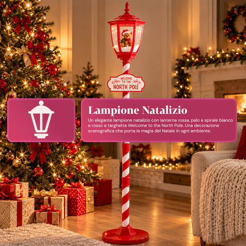 Lampione Natalizio Rosso 180 cm con Neve, Luce LED e Musica, 2 Varianti Babbo Natale o Orsetto, Effetto Palla di Vetro, Addobbo di Natale da Terra