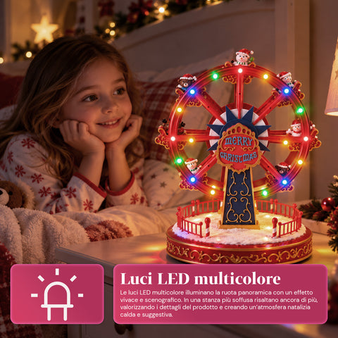 Karácsonyi óriáskerék LED-fényekkel, zenével és forgó mozgással, 2 színben, animált karácsonyi dekoráció, magasság: 26 cm, talp: 22 cm, műanyag
