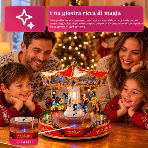Ruota Panoramica Natalizia con Luci LED, Musica e Movimento Rotante, 2 Colori, Decorazione Natale Animata, Altezza 26 cm, Base 22 cm, Plastica