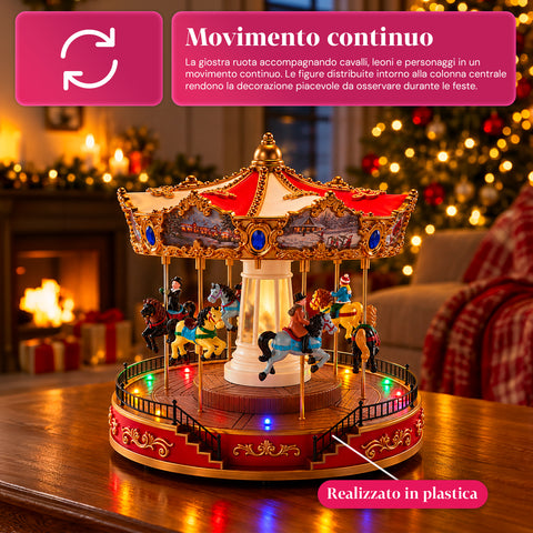 Ruota Panoramica Natalizia con Luci LED, Musica e Movimento Rotante, 2 Colori, Decorazione Natale Animata, Altezza 26 cm, Base 22 cm, Plastica