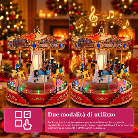 Ruota Panoramica Natalizia con Luci LED, Musica e Movimento Rotante, 2 Colori, Decorazione Natale Animata, Altezza 26 cm, Base 22 cm, Plastica