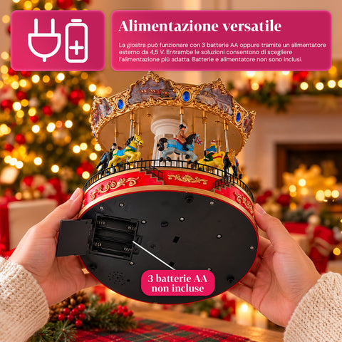 Ruota Panoramica Natalizia con Luci LED, Musica e Movimento Rotante, 2 Colori, Decorazione Natale Animata, Altezza 26 cm, Base 22 cm, Plastica