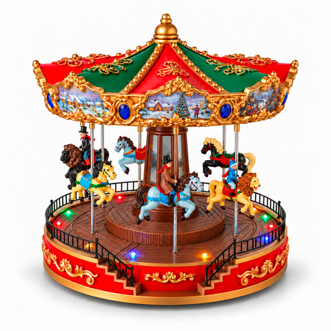 Ruota Panoramica Natalizia con Luci LED, Musica e Movimento Rotante, 2 Colori, Decorazione Natale Animata, Altezza 26 cm, Base 22 cm, Plastica