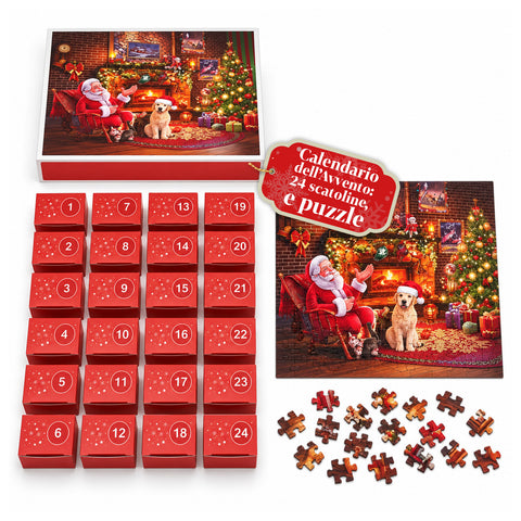 Adventi naptár 1008 összeállítandó puzzle-darabbal 24 napra, karácsonyi jelenet Mikulással és kutyával, végső puzzle mérete 70x50 cm