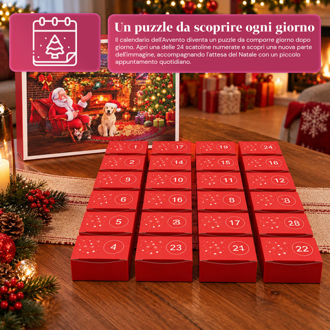 Adventi naptár 1008 összeállítandó puzzle-darabbal 24 napra, karácsonyi jelenet Mikulással és kutyával, végső puzzle mérete 70x50 cm