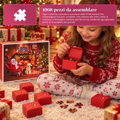 Adventi naptár 1008 összeállítandó puzzle-darabbal 24 napra, karácsonyi jelenet Mikulással és kutyával, végső puzzle mérete 70x50 cm