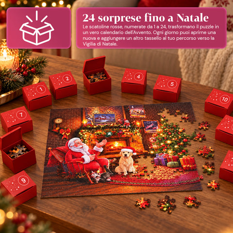 Adventi naptár 1008 összeállítandó puzzle-darabbal 24 napra, karácsonyi jelenet Mikulással és kutyával, végső puzzle mérete 70x50 cm