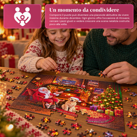 Adventi naptár 1008 összeállítandó puzzle-darabbal 24 napra, karácsonyi jelenet Mikulással és kutyával, végső puzzle mérete 70x50 cm