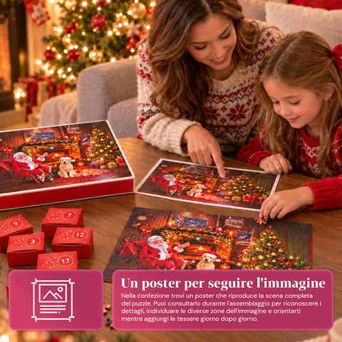 Adventi naptár 1008 összeállítandó puzzle-darabbal 24 napra, karácsonyi jelenet Mikulással és kutyával, végső puzzle mérete 70x50 cm