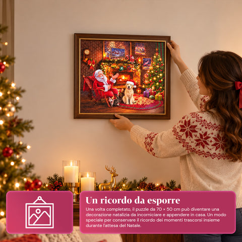 Adventi naptár 1008 összeállítandó puzzle-darabbal 24 napra, karácsonyi jelenet Mikulással és kutyával, végső puzzle mérete 70x50 cm