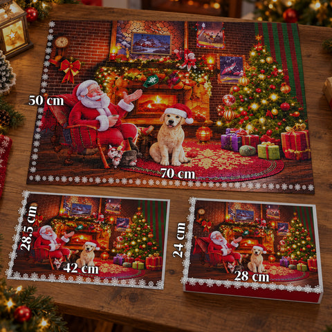Adventi naptár 1008 összeállítandó puzzle-darabbal 24 napra, karácsonyi jelenet Mikulással és kutyával, végső puzzle mérete 70x50 cm