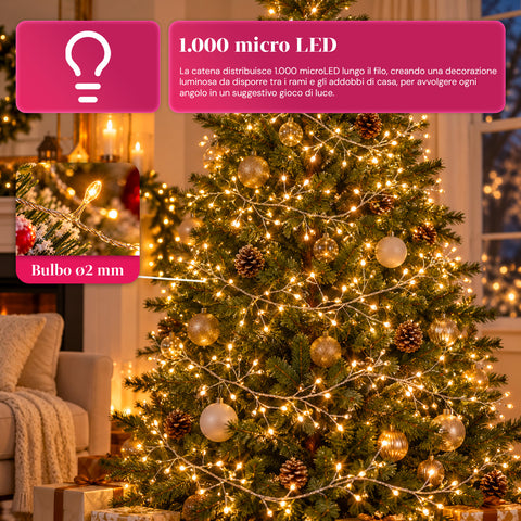 1000 MicroLED-es fényfüzér, tekercs, 3 szín, beltéri és kültéri használatra, 13 m-es ezüst kábel, 8 fényeffektus, transzformátorral, karácsonyi, 2 mm-es izzó
