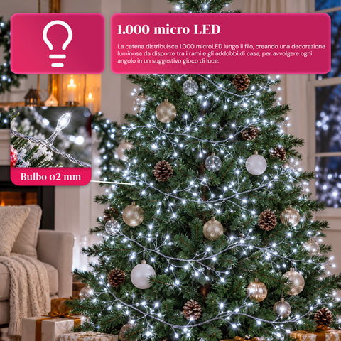 1000 MicroLED-es fényfüzér, tekercs, 3 szín, beltéri és kültéri használatra, 13 m-es ezüst kábel, 8 fényeffektus, transzformátorral, karácsonyi, 2 mm-es izzó