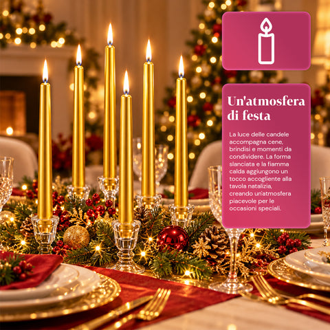 Candele slim natalizie per centrotavola e candelabri, set da 6, 2 colori, altezza 20 cm, cera di paraffina, finitura lucida effetto metallico