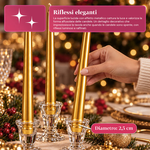Candele slim natalizie per centrotavola e candelabri, set da 6, 2 colori, altezza 20 cm, cera di paraffina, finitura lucida effetto metallico