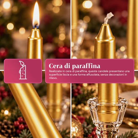 Candele slim natalizie per centrotavola e candelabri, set da 6, 2 colori, altezza 20 cm, cera di paraffina, finitura lucida effetto metallico