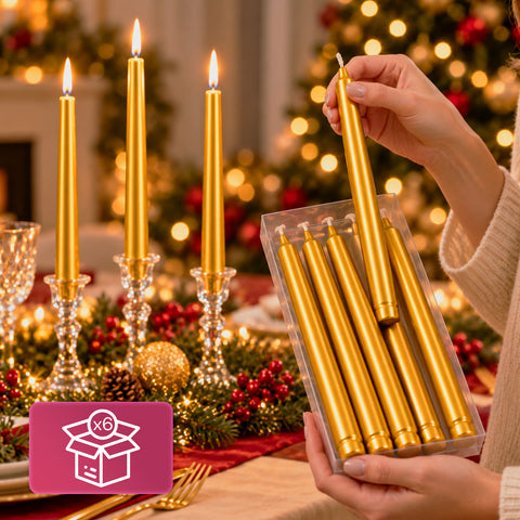 Candele slim natalizie per centrotavola e candelabri, set da 6, 2 colori, altezza 20 cm, cera di paraffina, finitura lucida effetto metallico