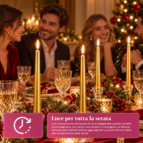 Candele slim natalizie per centrotavola e candelabri, set da 6, 2 colori, altezza 20 cm, cera di paraffina, finitura lucida effetto metallico