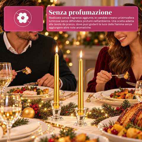 Candele slim natalizie per centrotavola e candelabri, set da 6, 2 colori, altezza 20 cm, cera di paraffina, finitura lucida effetto metallico