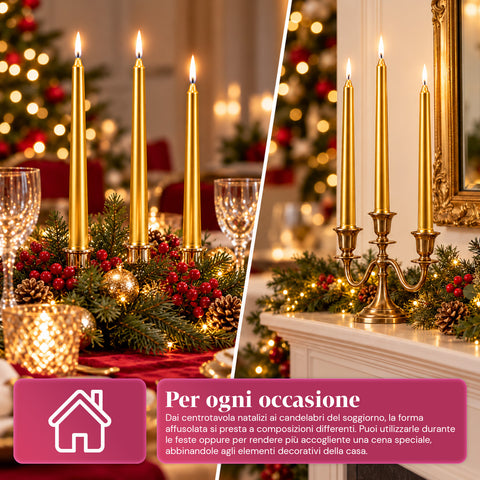 Candele slim natalizie per centrotavola e candelabri, set da 6, 2 colori, altezza 20 cm, cera di paraffina, finitura lucida effetto metallico