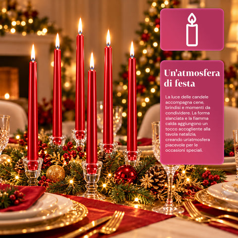 Candele slim natalizie per centrotavola e candelabri, set da 6, 2 colori, altezza 20 cm, cera di paraffina, finitura lucida effetto metallico