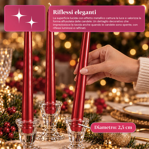Candele slim natalizie per centrotavola e candelabri, set da 6, 2 colori, altezza 20 cm, cera di paraffina, finitura lucida effetto metallico