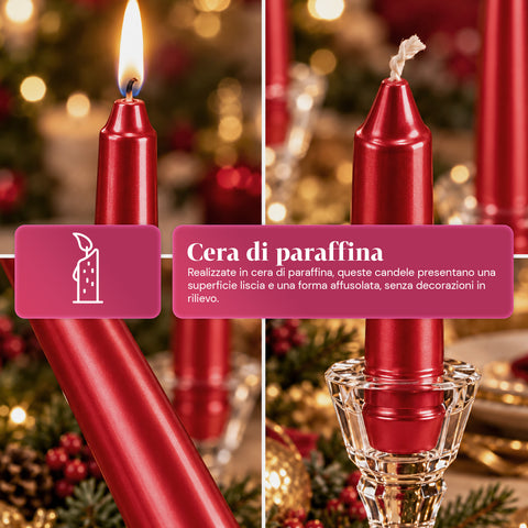 Candele slim natalizie per centrotavola e candelabri, set da 6, 2 colori, altezza 20 cm, cera di paraffina, finitura lucida effetto metallico