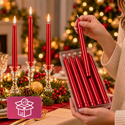 Candele slim natalizie per centrotavola e candelabri, set da 6, 2 colori, altezza 20 cm, cera di paraffina, finitura lucida effetto metallico