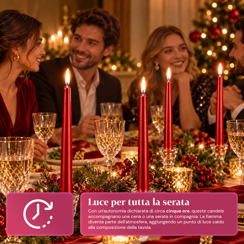 Candele slim natalizie per centrotavola e candelabri, set da 6, 2 colori, altezza 20 cm, cera di paraffina, finitura lucida effetto metallico