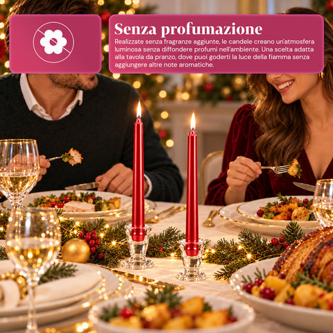 Candele slim natalizie per centrotavola e candelabri, set da 6, 2 colori, altezza 20 cm, cera di paraffina, finitura lucida effetto metallico