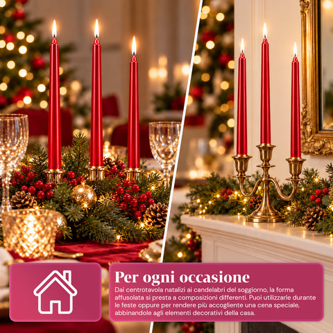 Candele slim natalizie per centrotavola e candelabri, set da 6, 2 colori, altezza 20 cm, cera di paraffina, finitura lucida effetto metallico